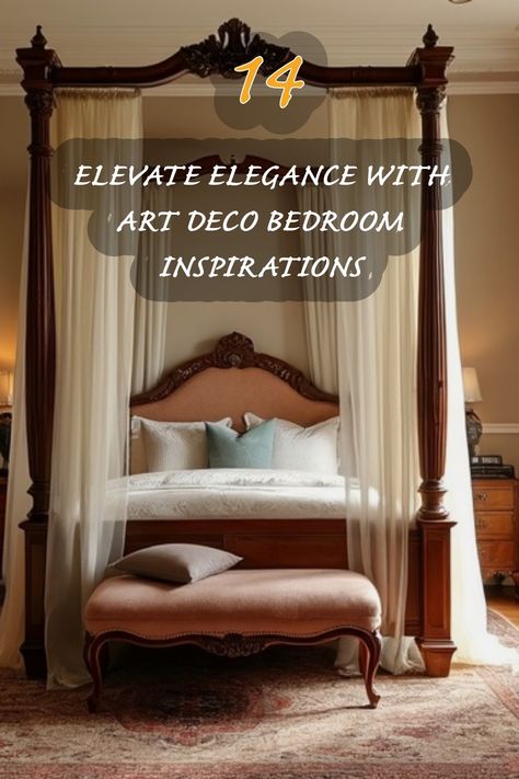 I absolutely adore the timeless elegance of Art Deco interiors! This bedroom exudes sophistication with its stunning four-poster bed, luxurious fabrics, and intricate details. It’s a perfect blend of comfort and style, and I can't help but dream of creating a similar serene oasis in my own home. Art Deco Bedroom Design, Deco Bedroom Ideas, Art Deco Bedroom Ideas, Elegance Bedroom, Art Deco Interiors, Poster Beds, Deco Interiors, My Own Home, Art Deco Bedroom