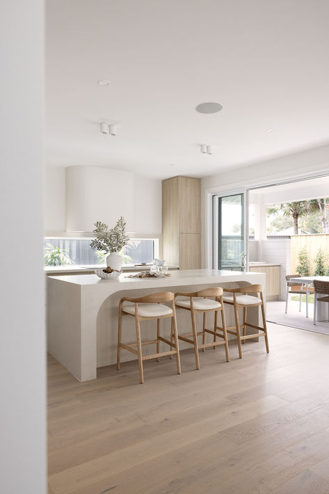 Interior Design by Oak + Orange, Interior Photography Louise Roche, Villa Styling Boucle Bar Stool, Mediterranean Bar, Coastal Oak, Oak Timber Flooring, Modern Mediterranean, Single Bed Frame, Round Kitchen, White Ash, Sideboard Console Table