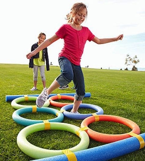 And obstacle courses. | 27 Creative And Inexpensive Ways To Keep Kids Busy This Summer Pool Noodle Games, Kids Obstacle Course, Outside Games, Pool Noodle, Children Playing, Pool Noodles, Backyard Games, Field Day, Backyard For Kids