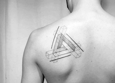 Geometric Shoulder Blade Male Tattoo With Penrose Triangle Design Penrose Triangle Tattoo, Triangle Tattoo Design, Penrose Triangle, Blade Tattoo, Shoulder Blade Tattoo, Optical Illusion Tattoo, Mens Shoulder Tattoo, Triangle Tattoos, Instagram Tattoo