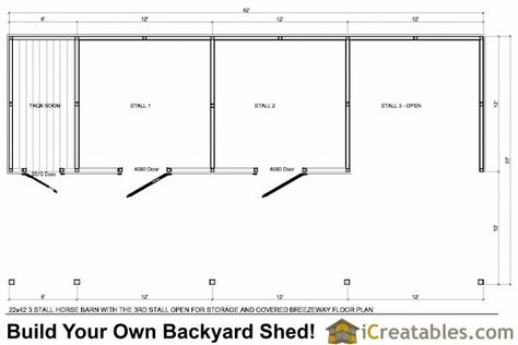 3 Stall Horse Barn Plans with Lean To and Tack Room | 3rd Bay Open Horse Barn Layout, 3 Stall Horse Barn, Small Horse Barn Plans, Covered Breezeway, Stable Plans, Small Barn Plans, Horse Stables Design, Horse Projects, Small Horse Barn