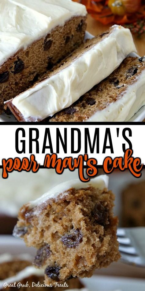 Grandma's Poor Man's Cake is a delicious and easy vintage cake recipe made using simple pantry ingredients and does not contain eggs. #vintagepoormanscake #easycakerecipe #cakerecipewithnoeggs #creamcheesefrosting #greatgrubdelicioustreats Easy Vintage Cake, Cake For Mens Birthday, Raisin Cake, Man Recipes, Simple Pantry, Mens Birthday, Pantry Ingredients, Poor Man, Quick Bread Recipes