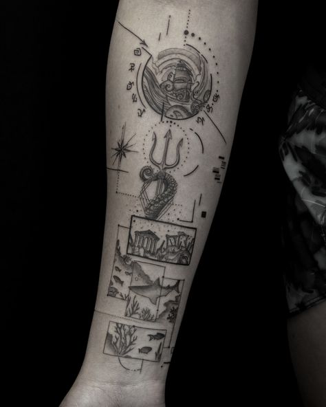 ⑉ 𝐌𝐨𝐧 𝐀𝐭𝐥𝐚𝐧𝐭𝐢𝐬 ⑉ ⛵ 🔱🧜🏻‍♀️🏛️🪸🌊🐟💧 . . . . #exogeometric #graphictattoo #tattoodesign #tattoofrance #tattooparis #tattoo91 Atlantis Tattoo, Summer Tattoo, Tattoo Idea, Atlantis, Tattoo Designs, Tattoos