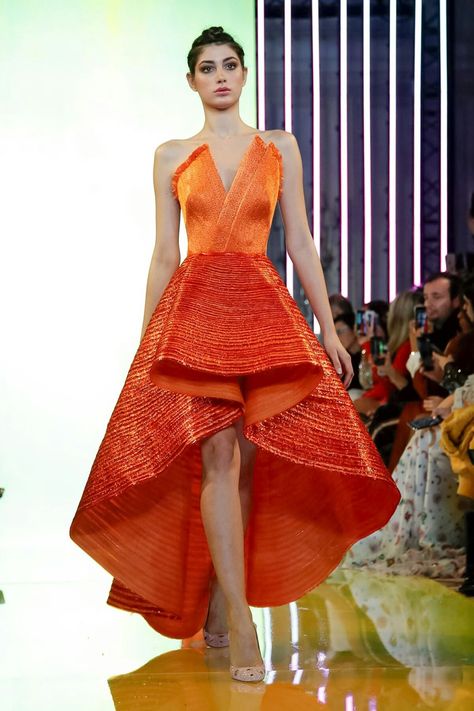 Rami Kadi Haute Couture Spring Summer 2019 Fire Woman, Rami Kadi, Fab Frocks, News Photography, Unusual Clothes, Spring Couture, Orange Aesthetic, Dress Aesthetic, Breathtaking Beauty