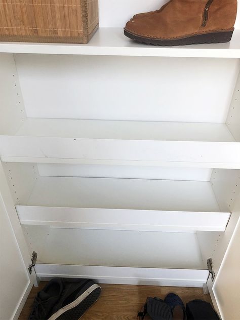 How One DIYer Transformed a Billy Bookcase for Her Mini Mudroom Mini Mudroom, Ikea Shoe Storage, Bookcase Closet, Tiny Entryway, Billy Ikea, Ikea Shoe, Ikea Bookcase, Closet Hacks, Closet Shoe Storage