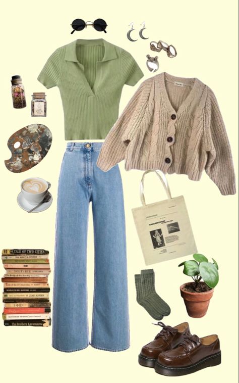 Cottage Core Aesthetic Outfits Casual, Jeans Cottagecore Outfit, Plus Size Rory Gilmore Outfits, Cotton Core Outfits, Cute Cottage Core Clothes, Aesthetic Core Outfits, Cottagecore Outfit For School, Casual Core Style, Retro Cottagecore Outfits