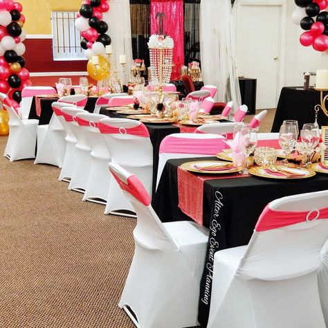 50th Birthday Celebration | CatchMyParty.com 50 Shades Of Fabulous Birthday Decor, 50 Shades Of Pink Party, Black And Pink 50th Birthday, Pink Black And Gold 50th Birthday, 50 Shades Of Pink Party Ideas, 50th Birthday Decorations, Birthday Ideas For Her, 50th Birthday Party, 50th Birthday