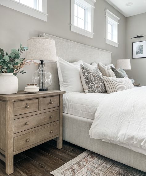 Modern Farmhouse Bedroom Master Suite Side Tables, Neutral Colored Nightstand, White Bed With Wood Nightstand, Large Night Stands, Upholstered Bed Nightstand Ideas, Modern Farmhouse Nightstand Decor, Farmhouse Nightstand Ideas, Neutral Bedroom Nightstands, Bed And Nightstand Ideas