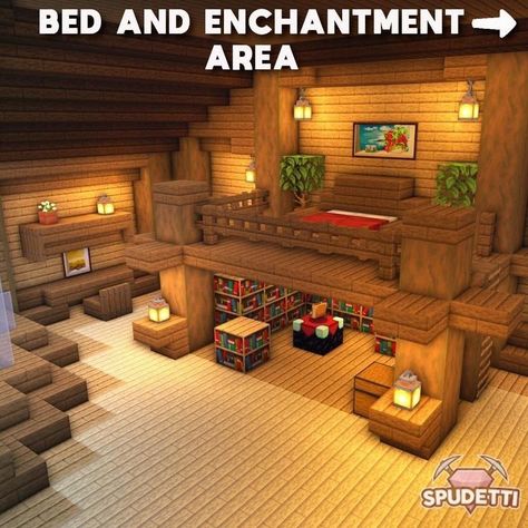 Minecraft Spare Room Ideas, Loft Bedroom Minecraft, Minecraft Basement Ideas Survival, Hobbit House Minecraft Interior, Loft Minecraft, Mc Decor Ideas, Minecraft Mountain House Interior, Interior Ideas Minecraft, Minecraft Cabin Interior