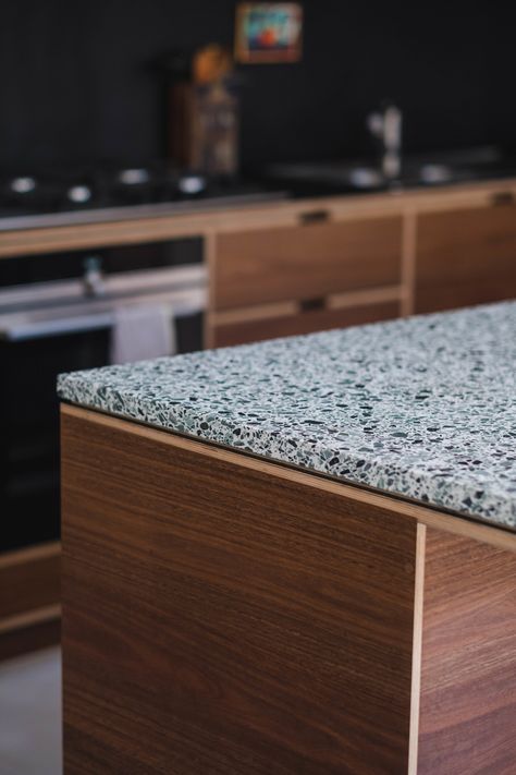 terrazzo benchtop Terrazzo Kitchen Countertops, Kitchen Terrazzo, Kitchen Design 2020, Terrazzo Countertop, Walnut Wood Kitchen, Terrazzo Kitchen, Danish Kitchen, Tile Countertops Kitchen, Timber Kitchen