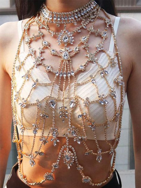 Oasis Style, Rhinestone Body Chain, Chest Chain, Chain Clothing, Chain For Women, Luxury Diamonds, Gold Collar, Women Beach, Rhinestone Decor