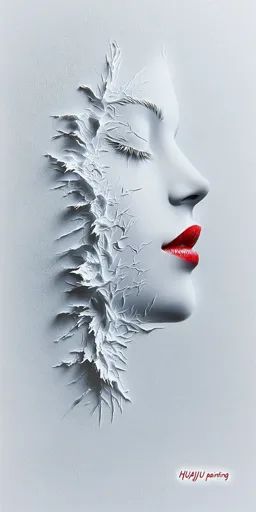 ↑↑↑ Larger size on website 🔸 The image is a close-up of a woman's face, painted in a white, 3D style. The woman's eyes are closed Plain White, White Style, Vibrant Red, In 3d, Woman Face, Close Up, Lips, Red, White