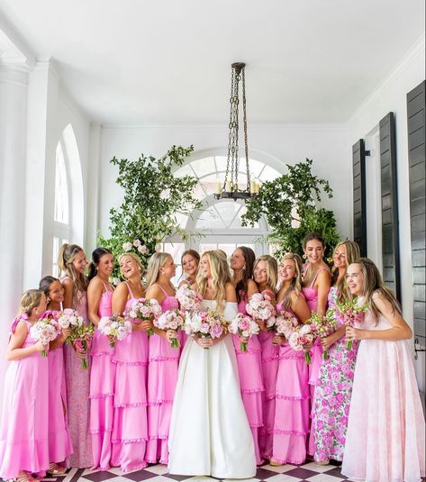 Springtime Wedding Colors, Multiple Bridesmaid Colors, Colorful Wedding Ideas Bright, Blue Bridesmaid Dresses With Pink Flowers, Wedding Bridesmaid Dresses Different Colors, Loveshack Fancy Wedding, Southern Preppy Wedding, Pink Engagement Photos, Pink And Navy Blue Wedding Theme