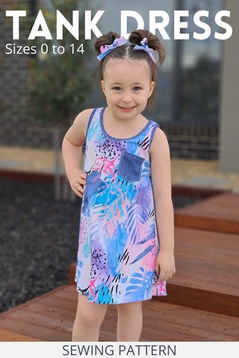 Tank Dress sewing pattern (Sizes 0 to 14). This Tank Dress is an easy-fit A-line dress designed for comfort. It’s ideal for throwing over swimmers or for running through the sprinkler on a hot summer’s day! This pattern comes with lots of options. There are 3 lengths, 2 back styles, splicing options, and a decorative pocket option. SewModernKids Simple Dress Pattern Free, Modern Girls Dress, Smurf Costume, Sleeveless Dress Pattern, Tank Dress Pattern, Kids Summer Dresses, Kids Tank Tops, Tank Top Pattern, Girls Dress Sewing Patterns