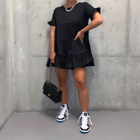 Jordan 1s With Dress Outfit, Air Jordan 1 Dress Outfit, Mini Skirt And Jordans Outfit, Dress With Jordan 1 Outfit, Dress And Jordans Outfit, Jordan 1 Outfit Women Dress, Dress And Jordans, Dress With Jordans, Black Smock Dress