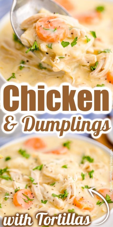 Chicken And Dumplings With Tortillas, Quick Chicken And Dumplings, Easy Chicken Dumpling Recipes, Recipe Using Tortillas, Chicken And Dumpling Soup, Homemade Dumplings Recipe, Easy Chicken And Dumplings, Chicken N Dumplings, Chicken Dumpling Soup