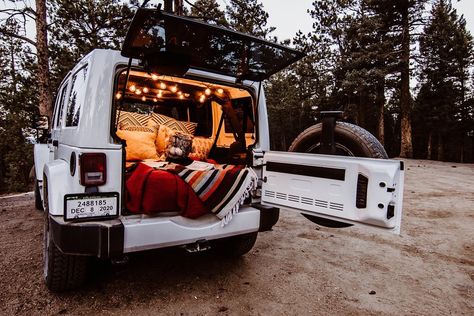 Jeep Camping Setup, Camping In Jeep, Jeep Aesthetic Interior, Trunk Bed Date, Jeep Trunk, Jeeps Wrangler, Overland Camping, Adventure Vehicle, Wrangler Car