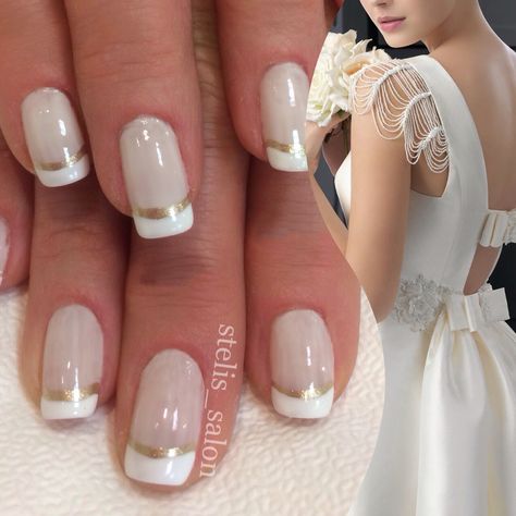 Steli's double french manicure in white and gold paired with bridal gown of ivory and bows. Nails Ivory, Double French Manicure, Ivory Nails, Nails Bridal, Bridal Nail, Wedding Nails French, Nails Gold, French Manicure Nails, Gold Nail