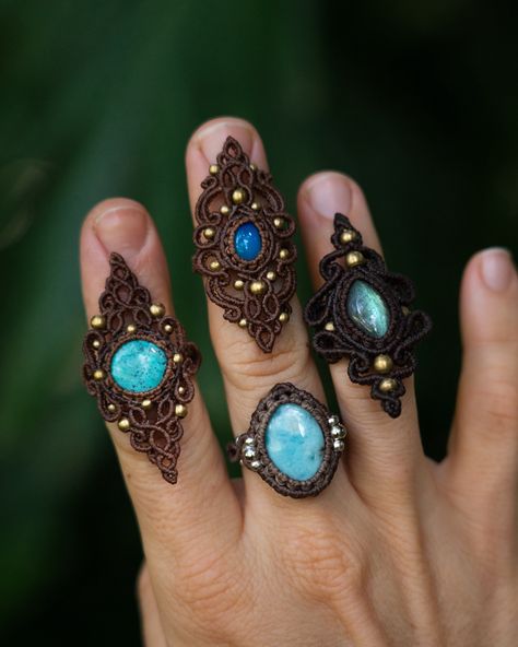 Macrame rings all available ~ find them on my website 😊🩵🙏🏽 Add a little extra magic to an outfit or style without having to wear a necklace.. they’re bold and magical ✨ These beauties include Turquoise, Opal, Labradorite and Larimar . . #larimarring #macramering #labradoritering #labradoriterings #turquoiserings #opalrings #opaljewelry Macrame Ring, Micro Macrame Tutorial, Macrame Rings, Larimar Rings, Micro Macramé, Macrame Tutorial, Labradorite Ring, Handmade Ideas, Handmade Jewelry Diy