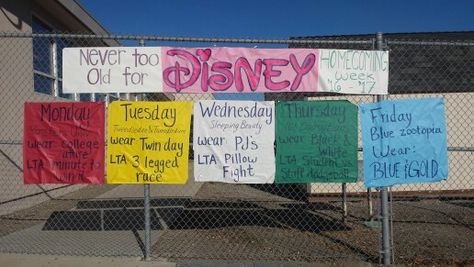 Homecoming Week at AGHS "Never Too Old For Disney" theme Disney Homecoming, School Spirit Ideas Pep Rally, Never Too Old For Disney, Spirit Day Ideas, Homecoming Floats, Homecoming Spirit Week, Homecoming Themes, School Spirit Week, School Spirit Days