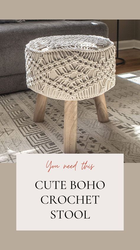 Nirobi Crocheted 3-Leg Wooden Stool Under $150! Boho Stool, Wooden Stool, Decor Buy, Wooden Stools, Boho Crochet, Home Stuff, Bar Stools, Interior Design, Crochet