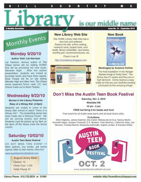 HCMS LIBRARY: NEWSLETTER Library Newsletter Template, Library Newsletter Ideas, Library Newsletter, Librarian Ideas, Library Assistant, Library Marketing, Library Storytime, Library Plan, Storytime Ideas