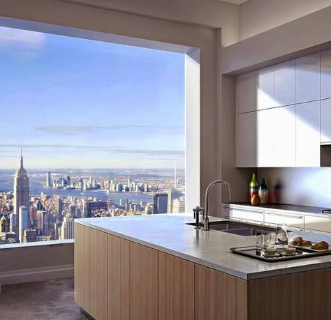 Stunning apartment kitchen overlooking the city #bigwindows Apartamento New York, Kitchen With A View, Appartement New York, 432 Park Avenue, Nyc Decor, New York Penthouse, Modern Apartment Design, Apartment Loft, Apartment View