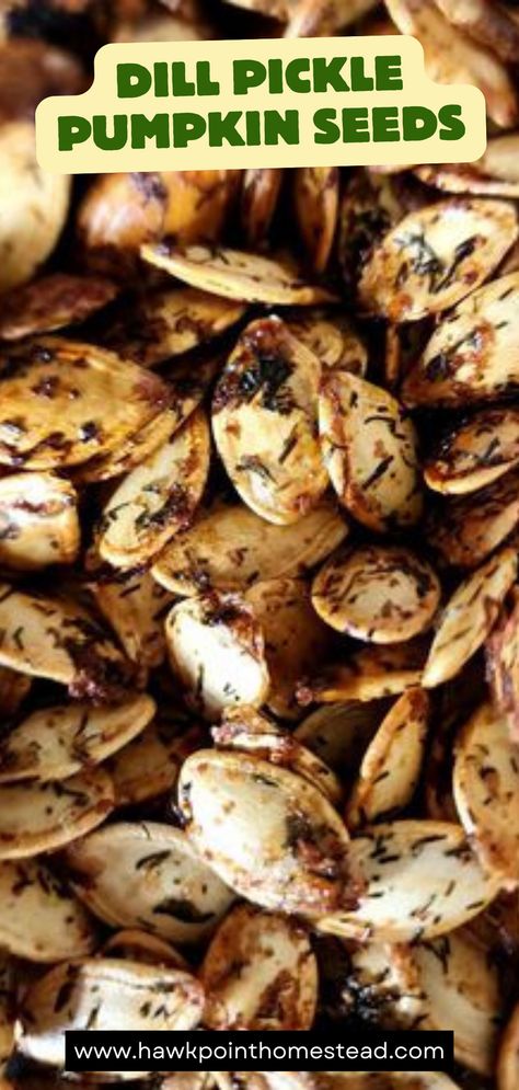 Dill pickle roasted pumpkin seeds are a different take on the wonderful snack of pumpkin seeds. Mix yummy dill pickles with the crunchy pumpkin seeds and you get a delicious fall snack!  One of my favorite things about pumpkin carving and Fall is roasting the pumpkin seeds.  Enjoy these delicious crunchy pumpkin seeds with the wonderful dill pickle  flavor. Pumpkin seeds are a healthy and satisfying snack that are so easy to make!   Making pumpkin seeds is a fun activity to do with kids! Pumpkin Seeds Recipe Dill Pickle, Season Pumpkin Seeds, Pickle Pumpkin Seeds, Best Way To Cook Pumpkin Seeds, Seasoned Pumpkin Seeds Recipes, Cooked Pumpkin Seeds, Pumpkin Seeds Dehydrator, Salt And Pepper Pumpkin Seeds, Dill Pickle Pumpkin Seed Recipes