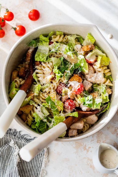 The BEST chicken caesar pasta salad with Greek yogurt caesar dressing and whole wheat pasta. Perfect for family meals and summer BBQs! Pasta Salad With Greek Yogurt, Yogurt Caesar Dressing, Chicken Caesar Pasta, Cold Pasta Dishes, Caesar Pasta Salad, Caesar Pasta, Holiday Meal Planning, Potato Salad Healthy, Homemade Greek Yogurt