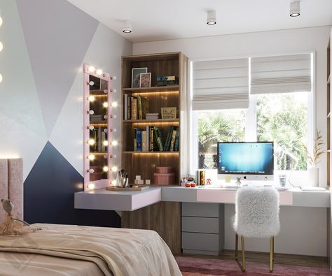 Ikea Teenage Girl Bedroom, Luxury Office Desk, Young Woman Bedroom, Vintage Bedrooms, Desk Modern Design, Minimal Kitchen Design, Girls Room Design, Study Room Design, Living Room Tv Unit Designs