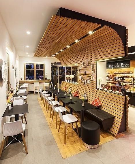 Minimalist Restaurant, Restaurant Ceiling, Cafeteria Design, Resturant Design, Small Restaurant Design, Restaurant Design Inspiration, Bakery Shop Design, Bakery Interior, Bakery Design Interior