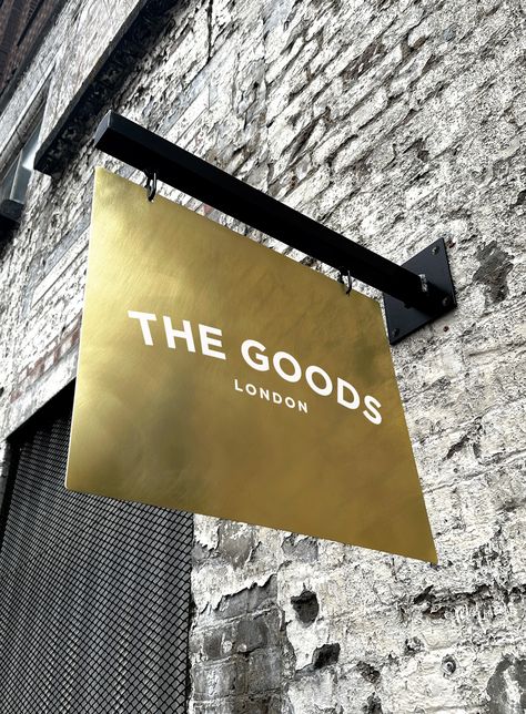 Brass Hanging Swing Sign Modern Signage Design Outdoor, Cafe Signage Design Outdoor, Signage Design Outdoor Entrance, Entrance Signage Design, Business Signage Ideas, Cafe Signage, Storefront Signage, Store Entrance, Entrance Signage