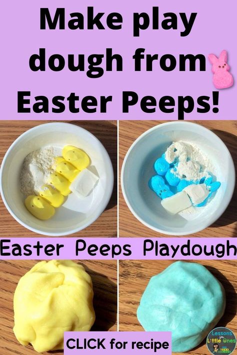 Easter Peeps Play Dough Recipe - Click to get an easy 2 minute play dough recipe that will make soft, pretty pastel colored play dough from Easter Peeps! Peep Playdough Recipe, Peeps Easter Decorations, Peep Activities, Peeps Playdough Recipe, Peeps Playdough, Playdough Learning Activities, Diy Easter Eggs Dye, Homemade Cotton Candy, Easter Speeches