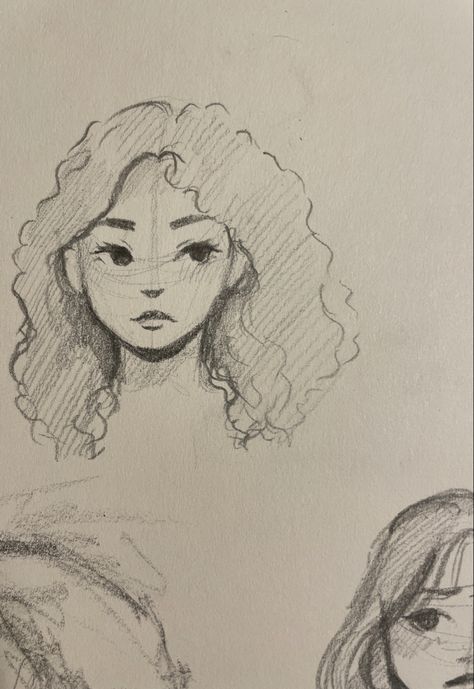 Cartoon Person Sketch, Simple Self Portrait Drawing, Self Portrait Drawing Easy, Person Drawing Simple, Things To Draw People, People Drawings Easy, Sketchbook Drawings Ideas Sketch Books, Curly Hair Sketch, Person Drawing Reference