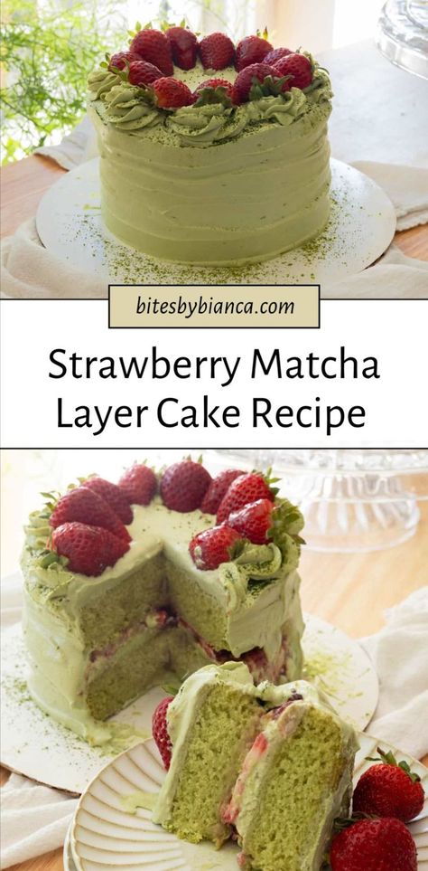 Try this delightful strawberry matcha cake that combines the flavors of matcha and strawberry. This cake is a perfect dessert with its mousse-like frosting and matcha layered cake structure. Using green tea powder, this is the best matcha cake recipe for any matcha dessert lover. Enjoy the fresh taste of strawberries in this beautiful matcha cake. Strawberry Matcha Cake, Matcha Strawberry Cake, Matcha Whipped Cream, Matcha Cake Recipe, Matcha Baking, Matcha Strawberry, Strawberry Cake Recipe, Green Tea Cake, Strawberry Matcha