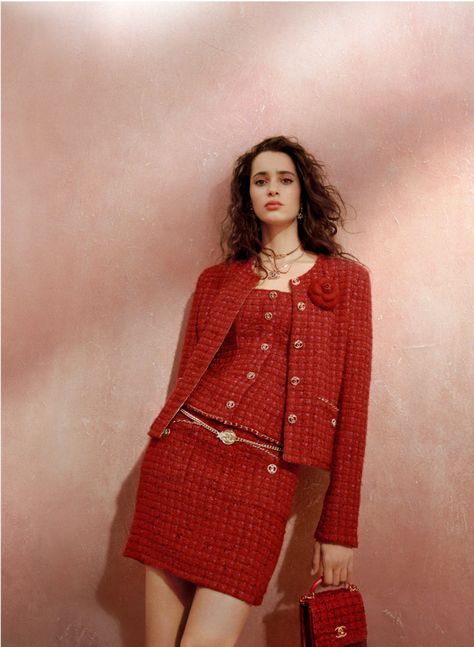 Red Tweed Dress, Red Tweed Jacket, 1920s Women, Tweed Outfit, Chanel Tweed Jacket, Tweed Set, Chanel Suit, Red Chanel, Chanel Tweed