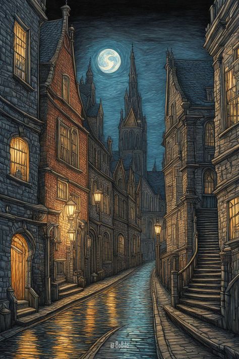 A Nightscape of a Gothic City Inspired by Edinburgh Gothic City, Witchy Wallpaper, Gothic Design, Night Art, Gothic Architecture, Ancient Architecture, Dark Beauty, City Aesthetic, Gothic Art