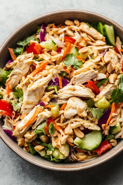 Whip up this quick and flavorful Thai Chicken Salad Recipe with Peanut Dressing in just 20 minutes. Packed with fresh veggies and creamy peanut dressing! Thai Spaghetti Salad With Peanut Dressing, Thai Peanut Chicken Salad, Thai Chicken Salad With Peanut Dressing, Peanut Dressing Salad, Thai Peanut Dressing, Cauliflower Zucchini, Thai Peanut Salad, Thai Grilled Chicken, Peanut Salad