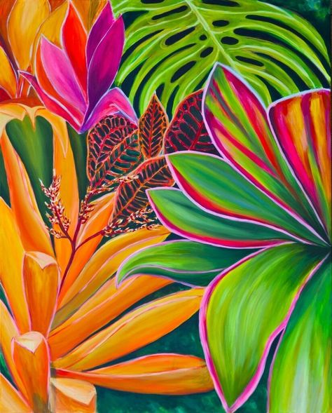 Tropical Art Painting Acrylic, Abstract Tropical Art Paintings, Tropical Art Painting, Tropical Painting, Jungle Art, Flower Art Drawing, Art Tropical, Painting Flower, Island Art