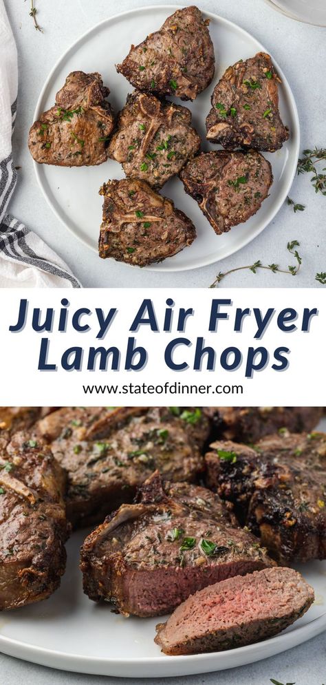 Top photo is 6 lamb chops on a plate garnished with parsley, and bottom has a piece sliced off showing pink center. Air Fryer Lamb Chops, Easy Lamb Chop Recipes, Easy Lamb Chops, Air Fryer Lamb, Lamb Loin Chop Recipes, Lamb Chops Marinade, Cooking Lamb Chops, Lamb Marinade, Lamb Loin Chops