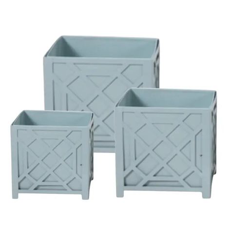 The Enchanted Home Fretwork Planter in Pale Blue with Removable Liner Texas Backyard, Planter Box Designs, Mood 2024, Chippendale Design, Obelisk Trellis, Showroom Ideas, Colorful Coastal, Boxwood Balls, Wooden Objects