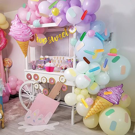 Candy Theme Decorations, Pastel Balloon Garland, Ice Cream Birthday Party Theme, Candy Theme Birthday Party, 2nd Birthday Party For Girl, Candy Land Birthday Party, Birthday Donuts, Ice Cream Birthday Party, Candyland Birthday