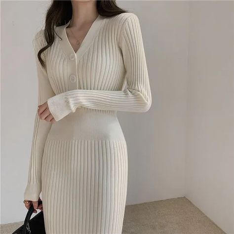 Bodycon Dress Casual, Bodycon Casual, White Bodycon, Long Sweater Dress, Women Long Sleeve Dress, Womens Knit Dresses, Estilo Chic, Midi Sheath Dress, Long Sleeve Sweater Dress