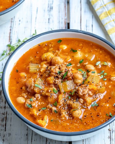 Cozy up with this Moroccan Spiced Turkey Soup! | Clean Food Crush Tomato Turkey Soup, Moroccan Sweet Potato Soup, Mirepoix Soup, Ground Turkey Dinner Ideas, Turkey Spices, Dinner Ingredients, Turkey Soup Recipe, Sweet Paprika, Turkey Soup