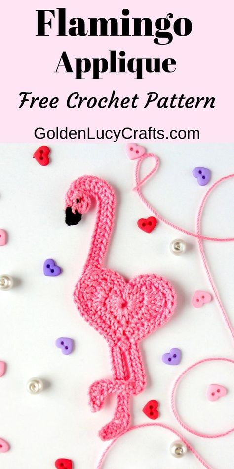 Learn how to make crochet flamingo applique! Free crochet pattern, easy project. This cute heart-shaped flamingo perfect for any embellishment, scrapbooking or cardmaking. #crochetflamingo #flamingo #crochetpattern #crochetapplique Valentine Flamingo, Flamingo Applique, Crochet Flamingo, Crochet Valentine, Crochet Applique Patterns Free, Crochet Embellishments, Crochet Bookmark Pattern, Crochet Birds, Pola Amigurumi