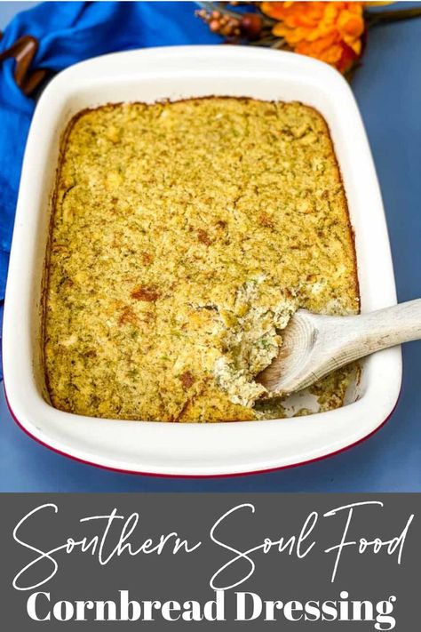 Southern cornbread dressing in a baking dish Southern Dressing Recipe, Easy Southern Cornbread, Soul Food Cornbread Dressing, Thanksgiving Corn Bread, Homemade Cornbread Dressing, Cornbread Dressing With Chicken, Southern Cornbread Dressing, Cornbread Dressing Recipe, Dressing Recipes Thanksgiving