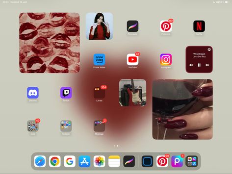 Red Ipad Homescreen, Ipad Pro Aesthetic Home Screen, Ipad Screen Layout, Lana Del Rey Red Aesthetic, Lana Del Rey Red, Ipad 2024, Ipad Organization, Ipad Customization, Ipad Setup