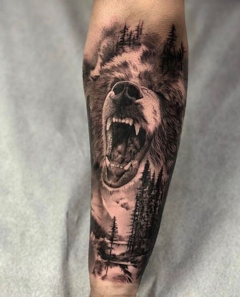 Tattoos Outdoors Tattoo For Men, Forearm Tattoo Men Sleeve, Tattoo Men Sleeve, Bear Tattoo Ideas, Grizzly Bear Tattoos, Black Bear Tattoo, Wildlife Tattoo, Bear Tattoo Designs, Animal Sleeve Tattoo