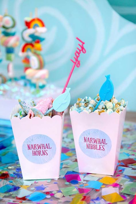 Let's Party Like Narwhals! | CatchMyParty.com Narwhal Birthday Party, Preteen Birthday, Narwhal Party, Circus Invitations, Watercolor Waves, Sleepover Invitations, Fairy Garden Birthday Party, 1st Birthday Balloons, Round Sticker Labels