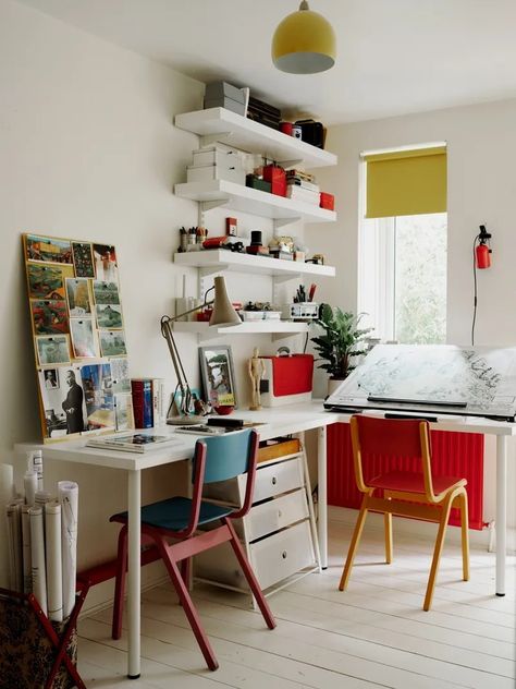 Colourful Desk, Colourful Office, Breuer Cesca Chair, Ikea Sofa Bed, Sweet Interior, Red Cabinets, Colorful Desk, Orange Sofa, Colorful Apartment